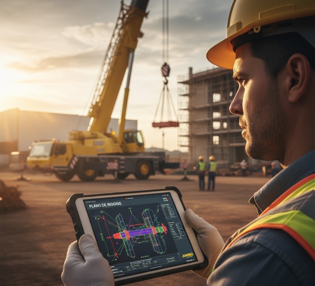 Engenheiro analisando um plano de rigging em um tablet